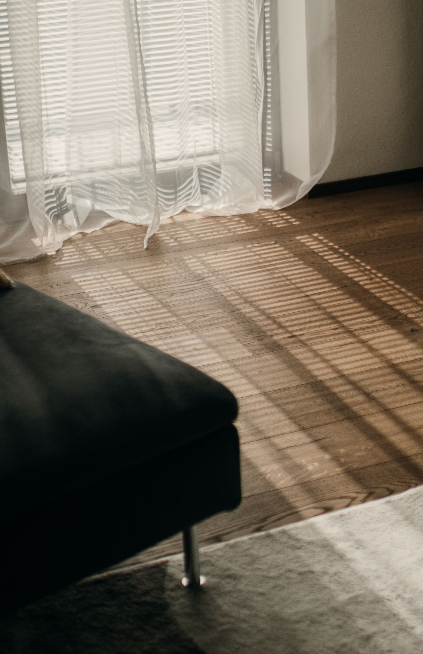 Wood flooring near sheer curtains in daylight
