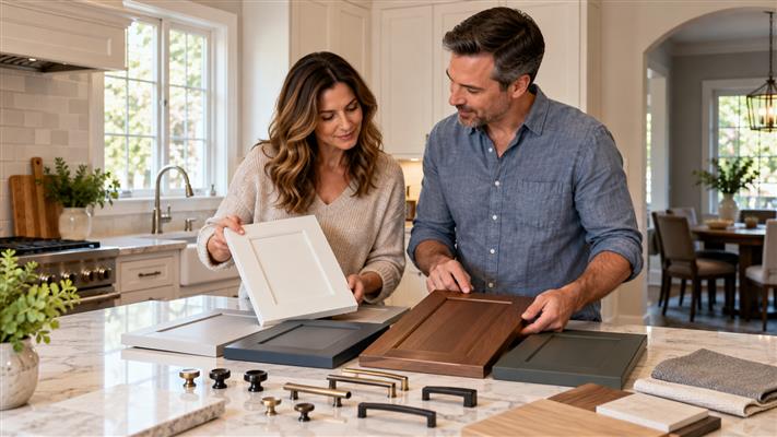 Homeowners comparing cabinet door styles and hardware