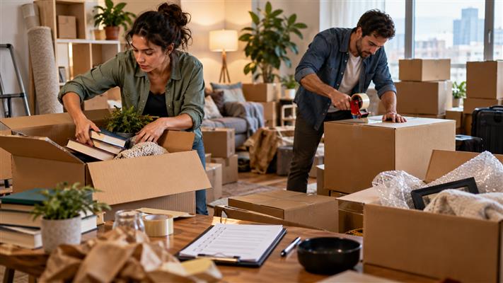 Adults organizing a last-minute move with boxes
