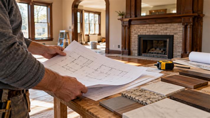 Contractor reviewing plans and materials in an older home